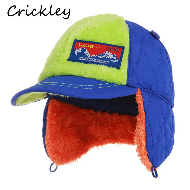 

Fashion Patchwork Children Caps Winter Plush Warm Muff Boys Girls Hats Ear Flap Windproof Colorful Soft Toddler Kids Caps