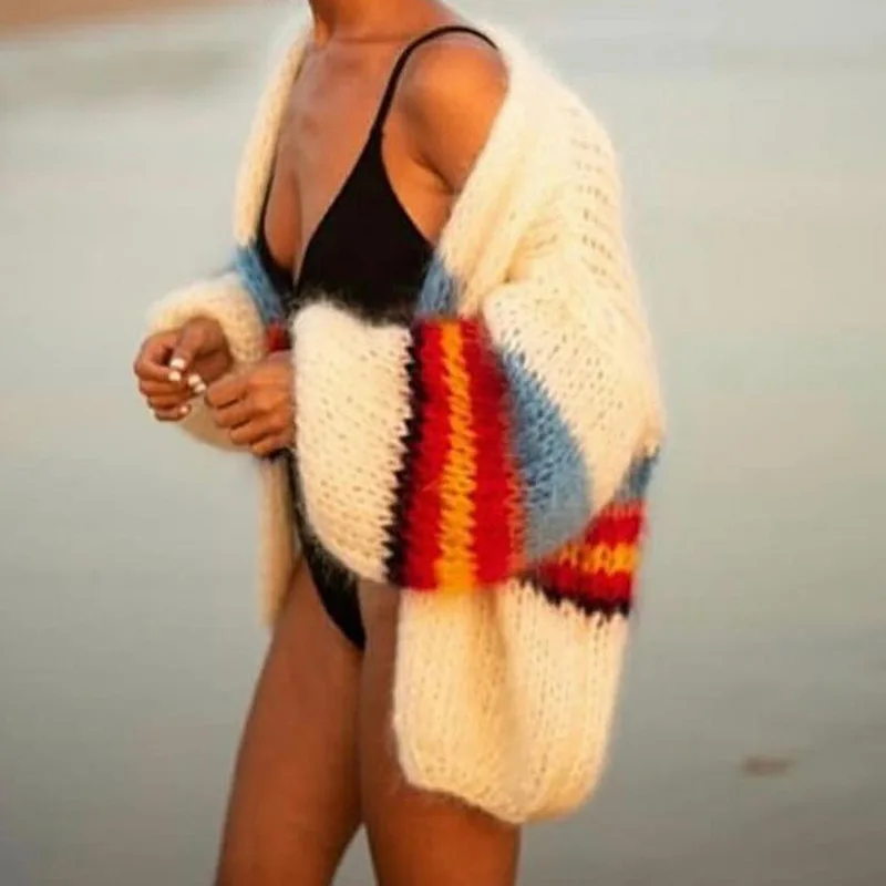 KALENMOS зимняя одежда женский полосатый свитер модный цветной кардиган с круглым