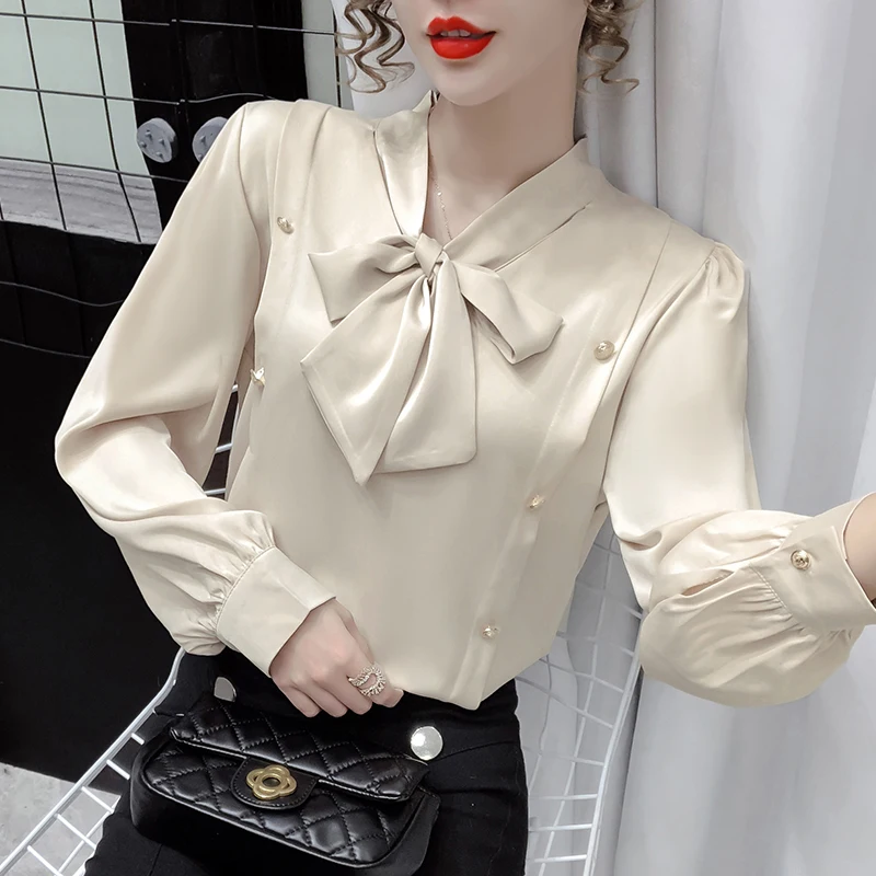 

Chikichi 2021 Spring and Autumn New Style Korean Fashion Satin V-neck Bow Long-sleeved Lace-up Pullover Ladies Shirt