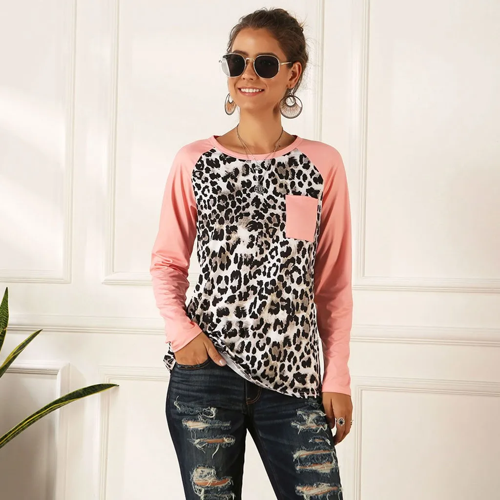 

FREE OSTRICH Women's Fashion Leopard Patchwork Pocket Top Long Sleeve Shirt O-Neck Pullover Top Autumn Clothing Plus Size