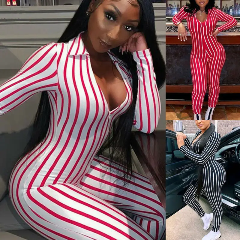 Women Jumpsuit Sexy Deep V-Neck Zipper Stretch Long Sleeve Bodycon Club Striped Playsuit Leotard | Женская одежда