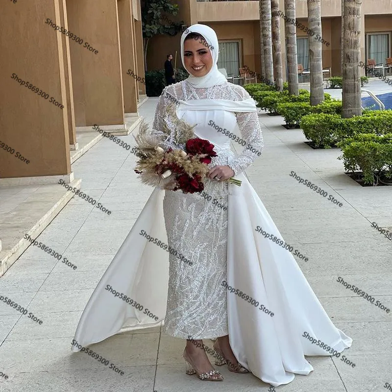 

Ankle-length Muslim Mermaid Wedding Dresses with Detachable Train 2021 Jewel Neck Lace Stain Beaded Arabic Kaftan Bridal Dress