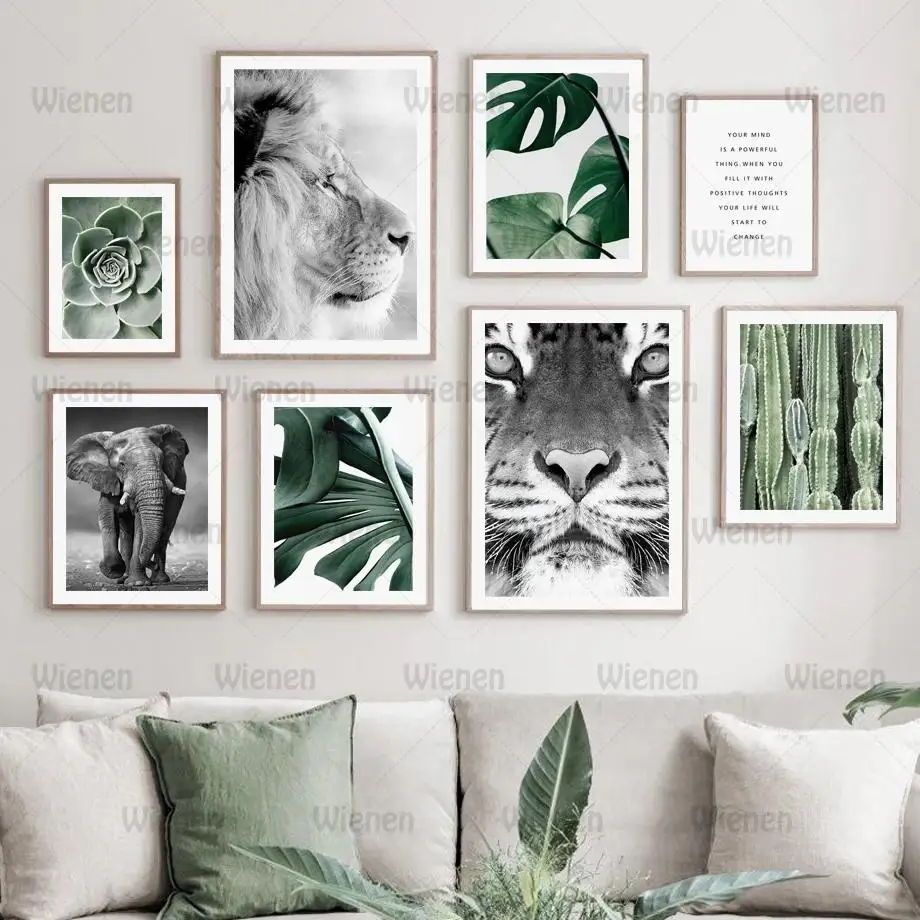 

Canvas Painting Lion Tiger Elephant Nordic Vintage Poster Green Plants Cactus Wall Art Print Wall Pictures for Living Room Decor