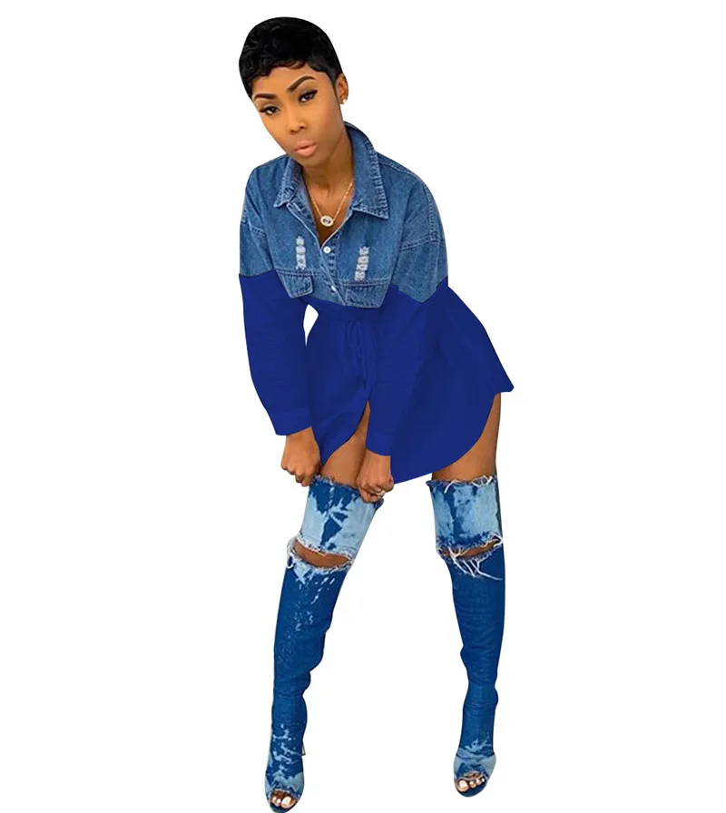 Long Sleeve Patchwork Denim Shirts Women Turn Down Collar Button Hole Loose Womens Tops Streetwear Casual Blouse Shirt Plus Size