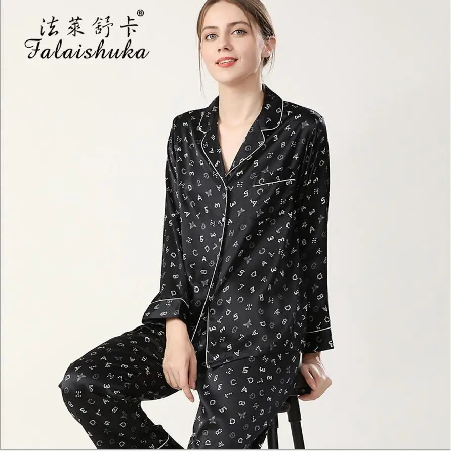 Silk Stain Pajamas Sets Women Homewear 2021 Spring Full Sleeve Long Pants  Letter Print Silk Sexy Home Wear Sleepwears For Lady