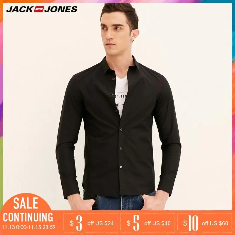 JackJones Мужская зимняя 100% хлопковая приталенная с острым воротником Однотонная