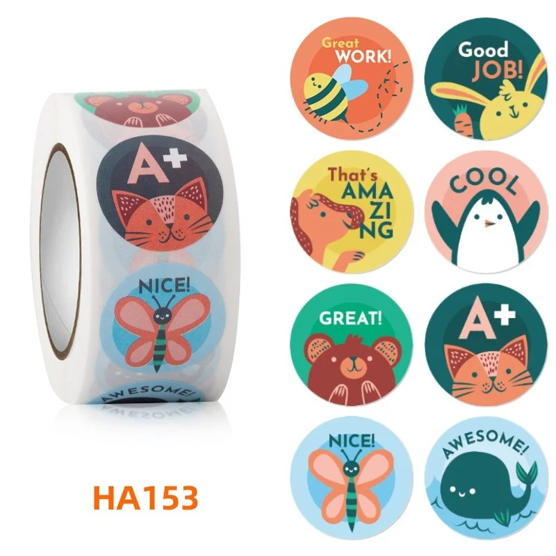 

500 Pcs 1inch/2.5cm Animal Good Job Cool Stickers Roll for Envelope Praise Reward Student Work Label Stationery Seal Lable