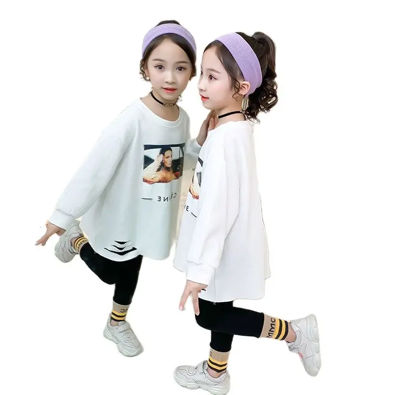 

Girls Spring Tops Children's Clothing 2021 New Fashion Girls Hole Print Bottoming Shirt Children's Kids Loose Full T-shirt