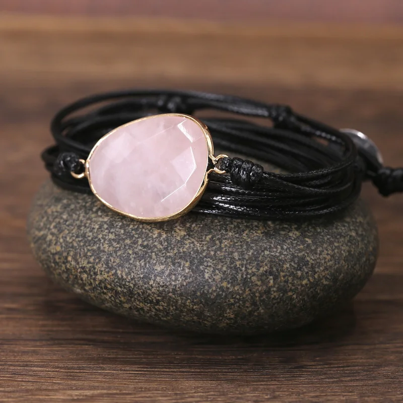 Женский браслет в стиле бохо розовый из натурального камня с запахом Прямая