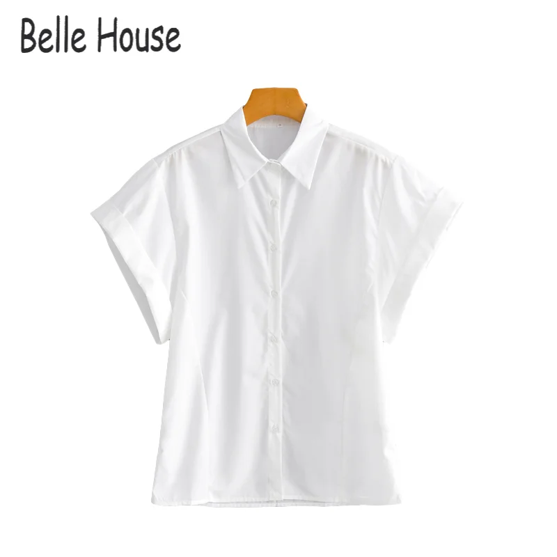 

2021 Fashion White Shirt-Style Loose Short Batwing Sleeved Button-Out Collar Hot Woman Summer Ployester Regular Top NZ0344