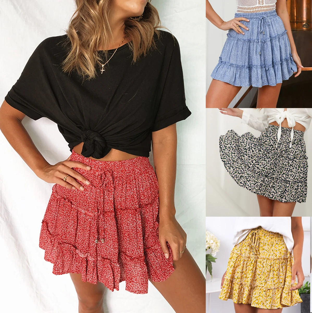 

Women Floral Print Pleated Mini Skirt Printed Skirts Elegant Short Beach Casual Sexy Fashion Frills Broken Flower Cotton