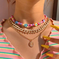 multilayered evil eye portrait flower chunky choker necklace for women bohemian rainbow clay bead punk neck chain femme jewelry