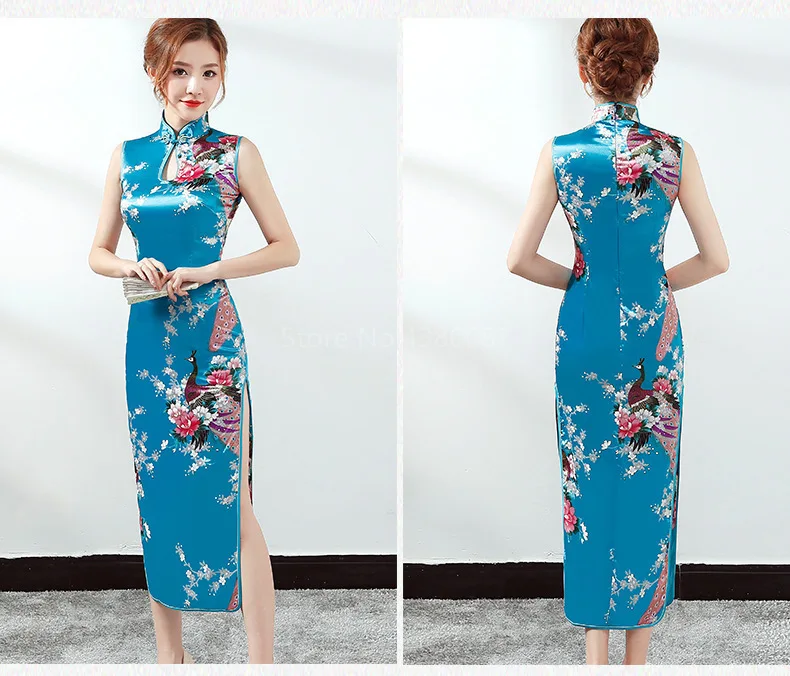 

Woman Floral Chinese Traditional Costumes qipao cheongsam long Split Dress Sleeveless Oriental Bodycon Satin Dress