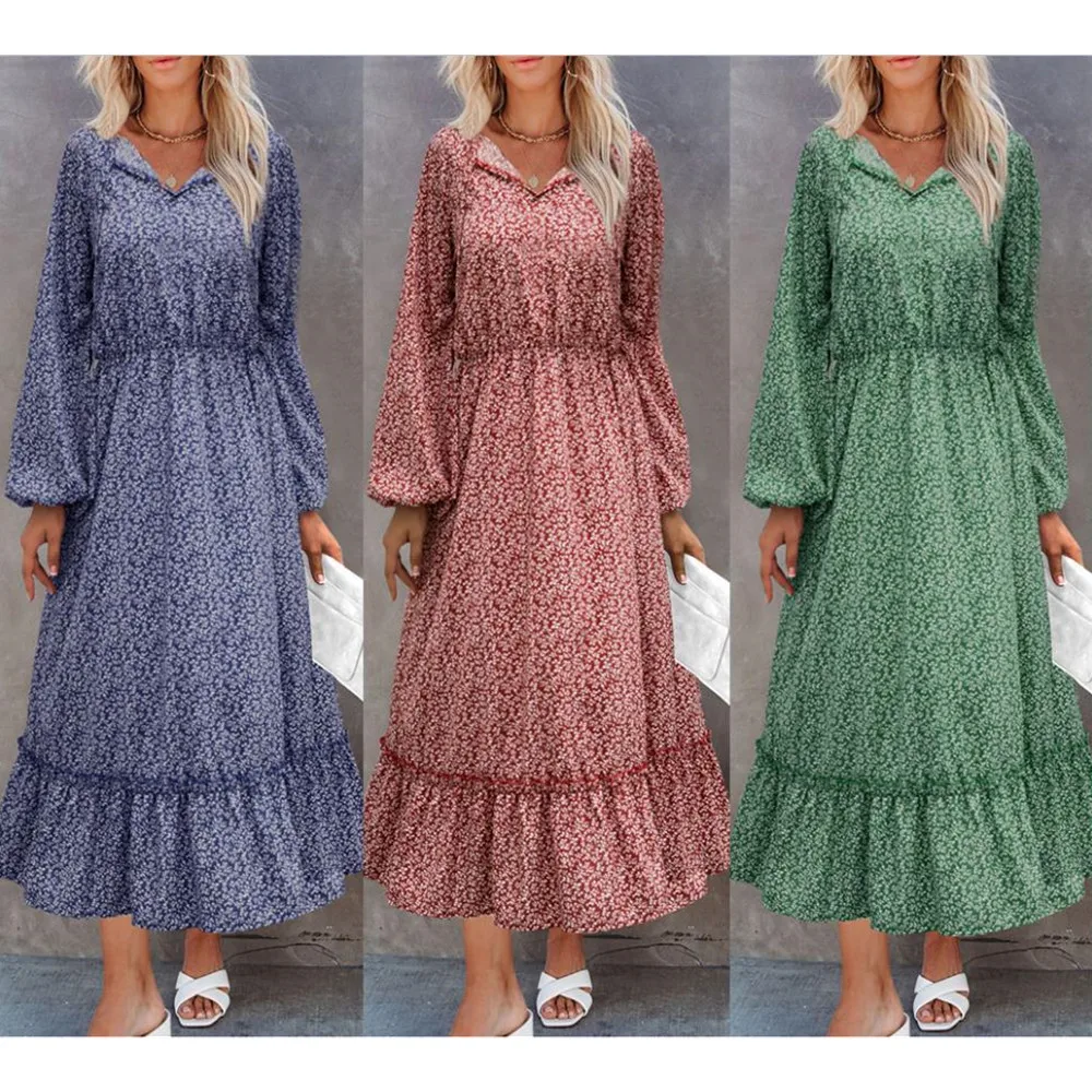 

Autumn Fashion Long Sleeve Women Loose Dress Casual Printed Vintage Long Dresses Elegant V Neck Harajuku Party Dress Vestidos