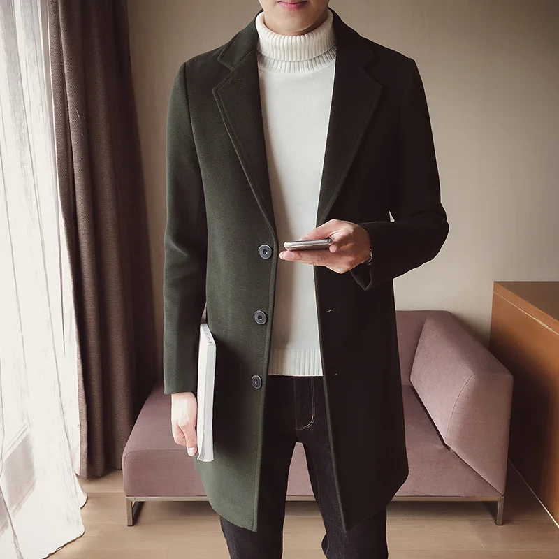 

Fall / Winter 2020 men's windbreaker mid-length trench coat Korean slim woolen coat British overcoat windcheater wind-jacket
