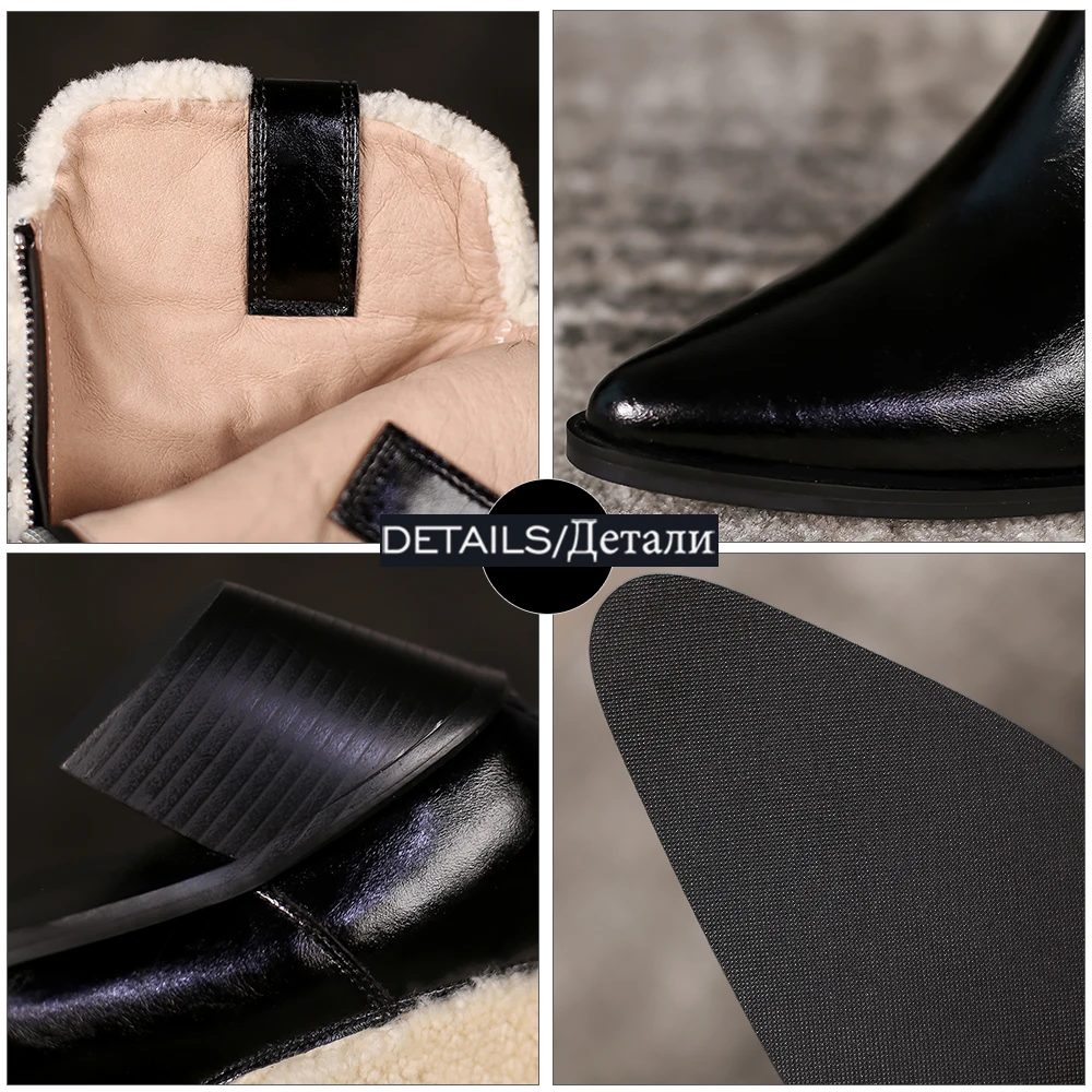 

ISNOM Chelsea Boots Women Ankle Boots Genuine Leather Pointed Toe Furry Wedges Block High Heels Ladies Commuter Winter Shoes