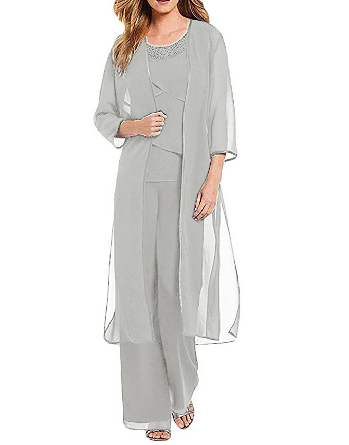 silver grey Женский комплект из 3 предметов, шифоновое платье для матери невесты, брюки, костюм с курткой, наряд с рукавами 3/4 для свадьбы - Цвет: silver grey