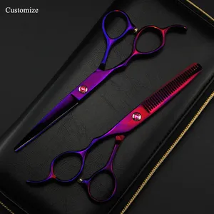 Японские ножницы для стрижки волос 440c с логотипом на заказ, левая рука, 6 дюймов, фиолетовые ножницы для стрижки волос, парикмахерские ножницы для стрижки, филировки