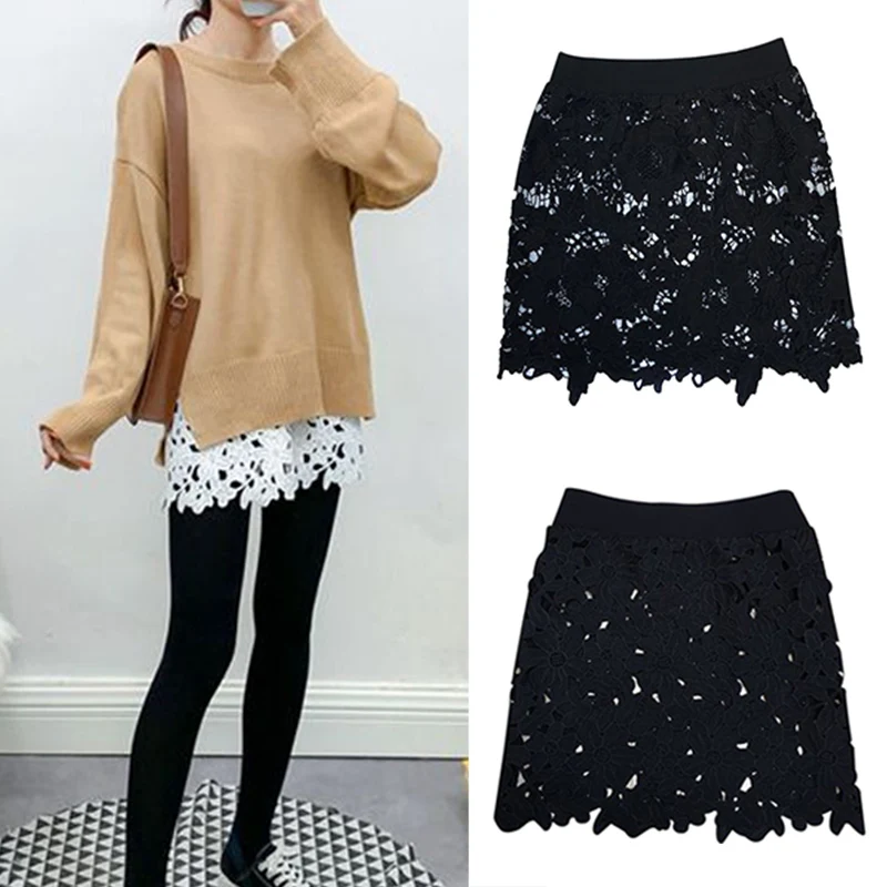 

Women Ladies High Waist White/Black Base Skirt Lace A-Line Skirt Hip Skirt For Winter FS99