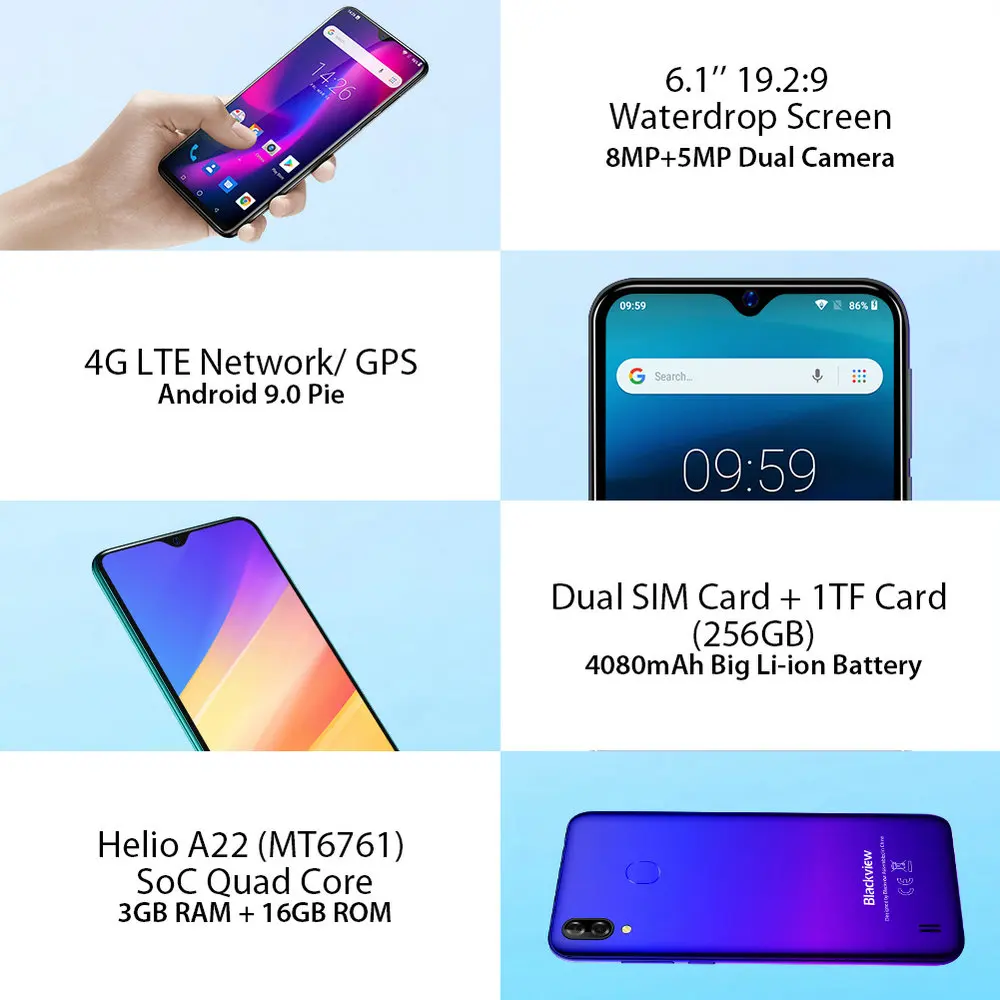 Оригинальный смартфон Blackview A60 Pro 3 ГБ + 16 MT6761V Android 9 0 экран Waterdrop 4080 мАч Touch ID 4G