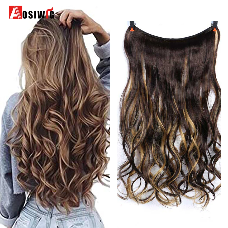 

AOSIWIG 22" Long Curly Invisible Fishing line No Clip in Hair Extensions Fish Line Synthetic High Temperature Fiber Hair
