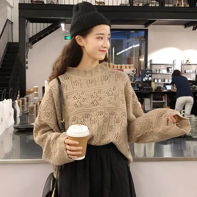 Vintage Openwork Long Sleeve Sweater Female Korean Harajuku Women's Sweaters Japanese Kawaii Ulzzang Japan Clothing For Women | Женская