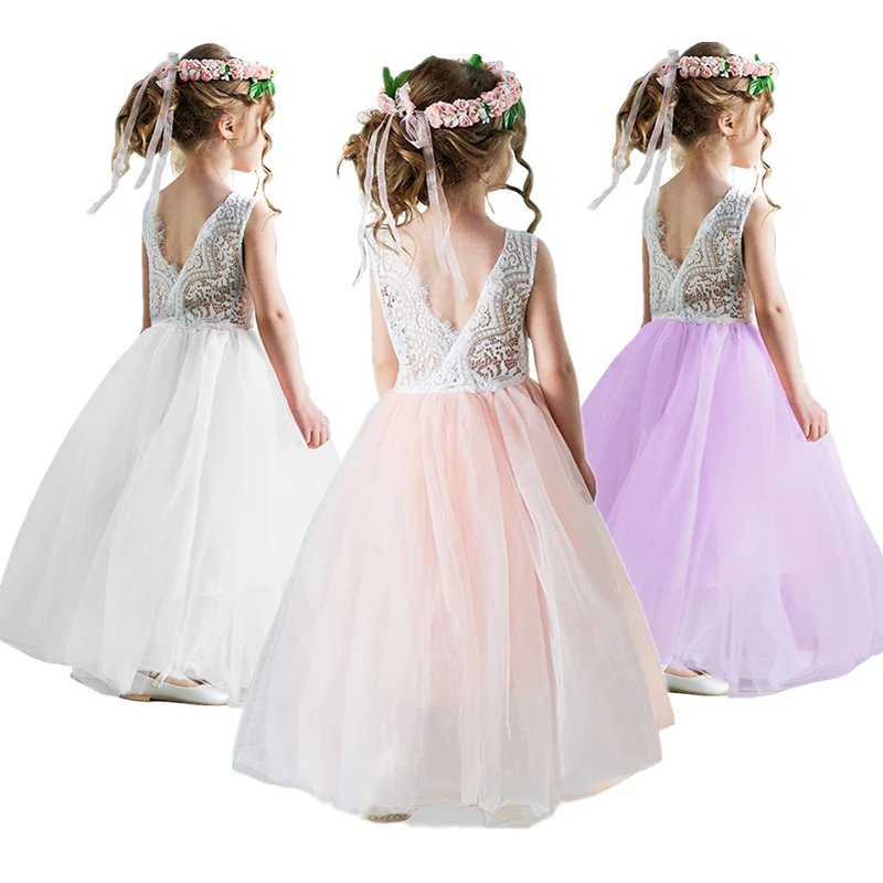 Весенне-летнее кружевное платье для девочек принцессы с открытой спиной детская
