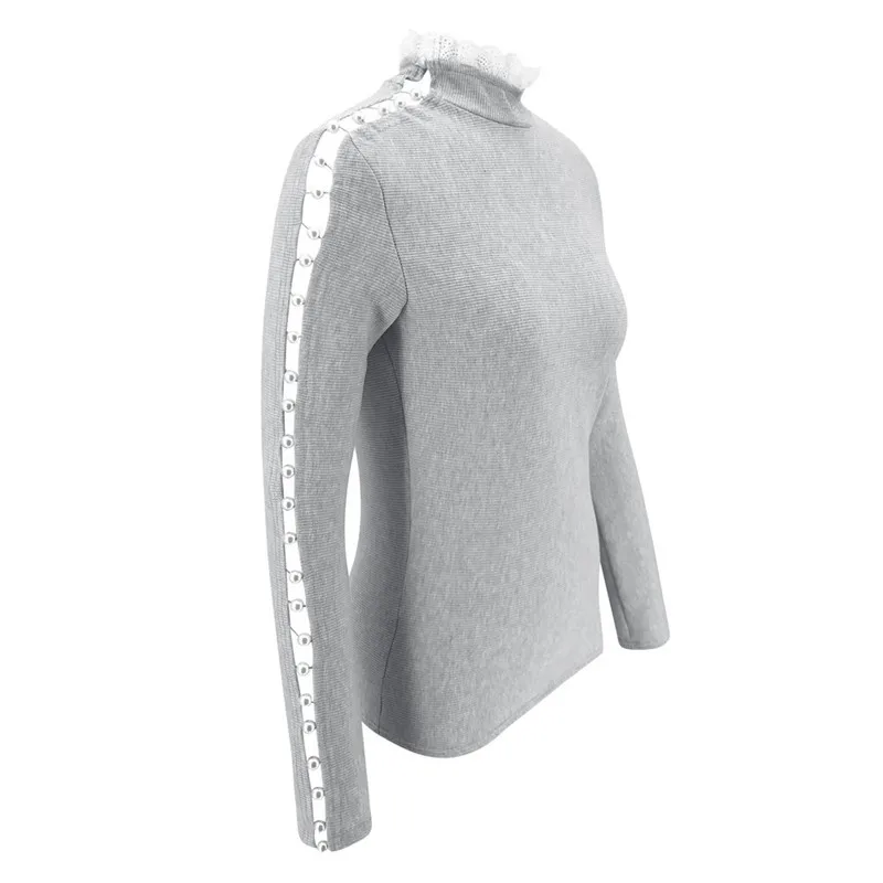 Модный женский кружевной свитер с вырезами и высоким воротником топы жемчугом