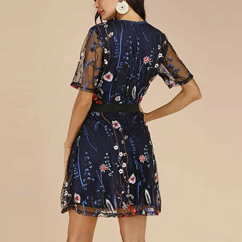 2020 Новое модное женское Сетчатое мини-платье с цветочной вышивкой элегантное