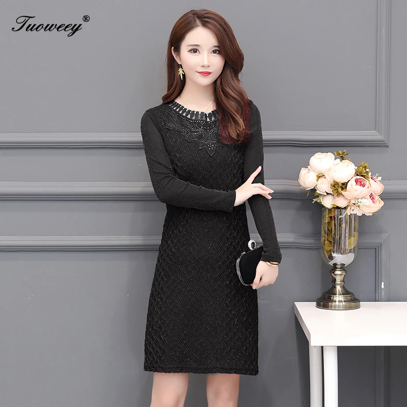 

Plus Size New Women Solid Straight Mid-age Slim Spring Long Sleeve Mini Dress Sexy Lace O-neck Female Casual Sheath Dresses