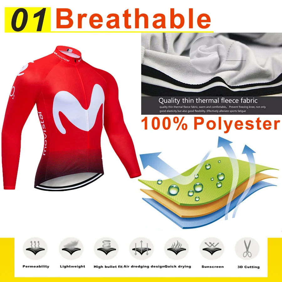Зимняя Теплая Флисовая мужская майка Movistar с длинным рукавом для езды на велосипеде, велосипедная 9D Подушка, штаны, комплекты одежды для езды на велосипеде