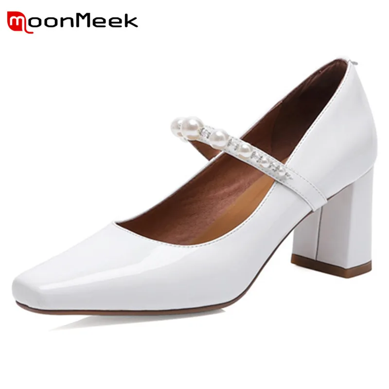 

MoonMeek 2022 High Heels Dress Party Shoes Women Pumps Square Toe Patent Leather Pearl Slip On Fashion Women Single Shoes
