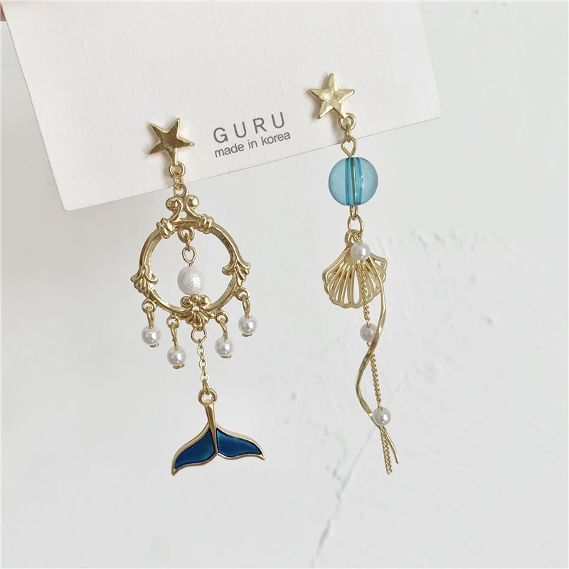 Океанская голубая раковина рыбий хвост длинный зажим для ниток серьги корейский