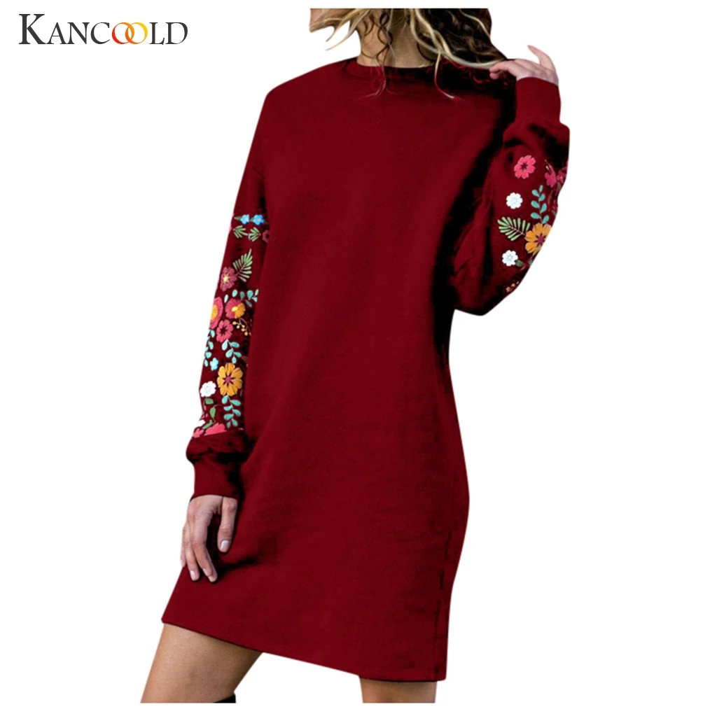 KANCOOLD, осень, зимние платья для женщин, повседневные, с длинным рукавом, с цветочной вышивкой, платье-толстовка, праздничная одежда, короткие платья
