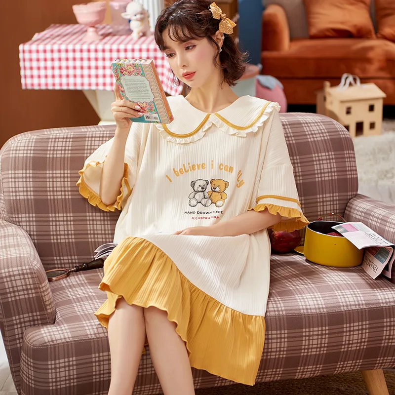 

Casual Cartoon Nightgowns Women Short Sleeve Night Dress Summer 100% Cotton Sleepwear Sleeping Dress Women Pyjamas Plus Size 4XL