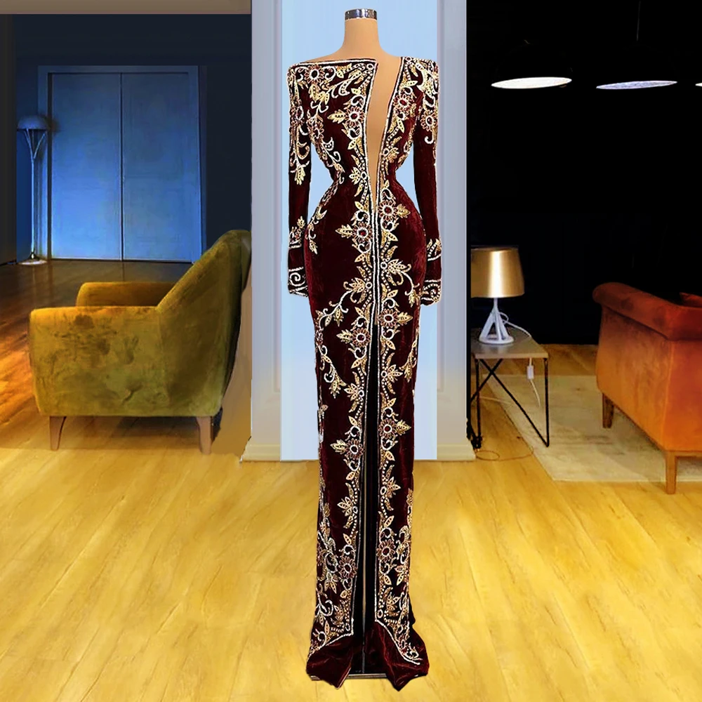 

Long Burgundy Muslim Evening Dresses 2021 Rhinestones Embroidery Saudi Arabia Islamic Turkish vestido de fiesta de boda