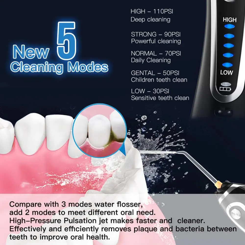

300ml Cordless Oral Irrigator USB Rechargeable Portable Dental Water Floss 5 Modes Irrigator Dental Teeth Cleaner+5 Jet Tip&Bag