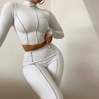 women tracksuit autumn rib sweatshirts crop top 2 piece sets womens outfits casual solid female fitness suit stretch pants sets