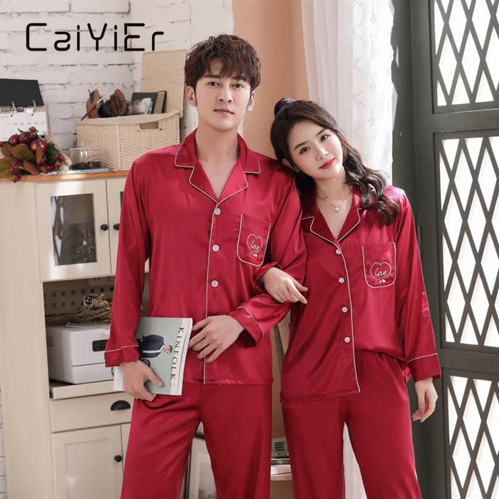 CAIYIER Silk Satin Couple Pajamas Set Soild Embroidery Love Sleepwear Winter Long Sleeve Loungewear Women & Men Nightwear M-3XL