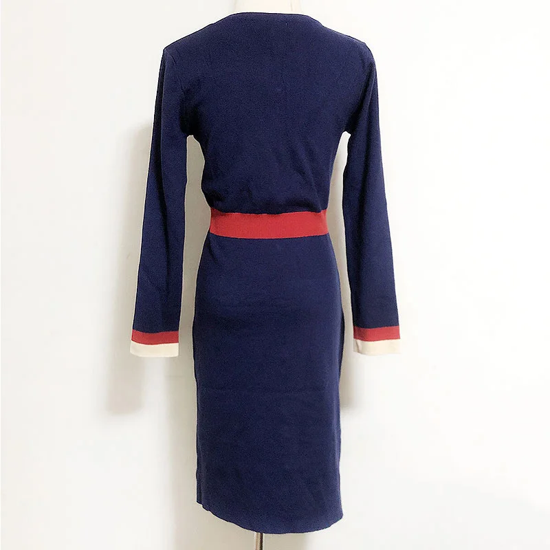 

Cotday Slim O Neck Patchwork Knitted Sweater Dress 2020 New Autumn Korean Casual Woman Dresses Pullover Sweater Mid-Calf Dress