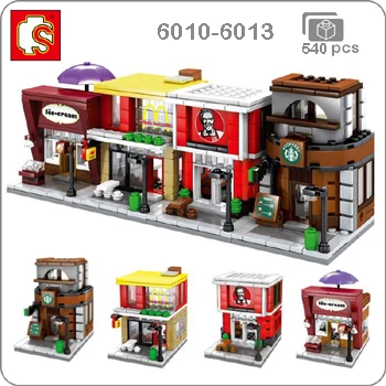 6010-6013 Sembo Mini City Street, кофейная пицца, хижина, магазин, ресторан, Китай, городской набор, 3D модель, блоки, строительные игрушки для детей, без коробки - Цвет: 6010-6013