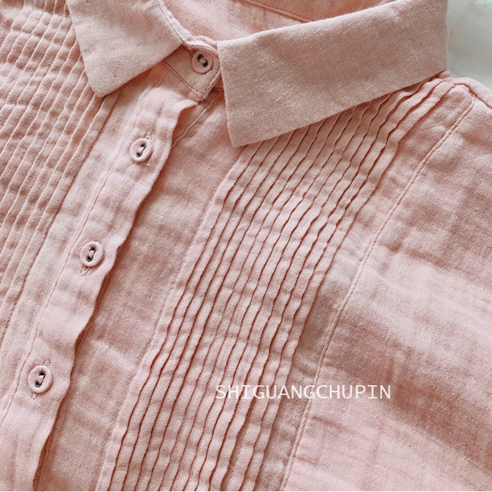

2020 New Summer Women Blouse Simple Style Loose Big Size Turndown collar Double cotton yarn Shirt Women Short Sleeve Tops