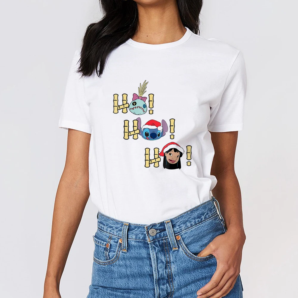 

America Christmas Tees Funny Lilo and Stitch Print Cute Disney Women's Clothes Fashion Harajuku T-shirt Short Sleeve 2021 New