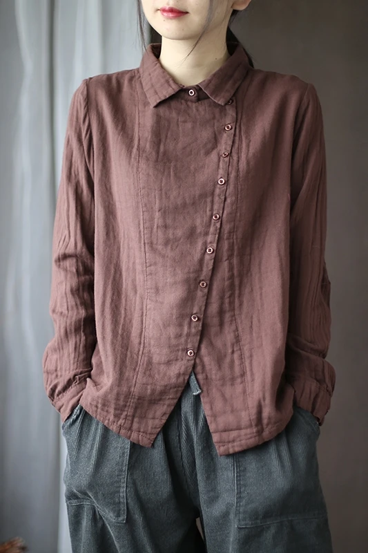 

New solid color cotton yarn diagonal shirt, ladies retro literary loose and thin long-sleeved shirt