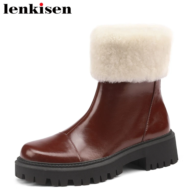 

Lenkisen римские Зимние короткие сапоги из овечьего меха на молнии с круглым носком Повседневная одежда водонепроницаемые ботильоны на высоко...