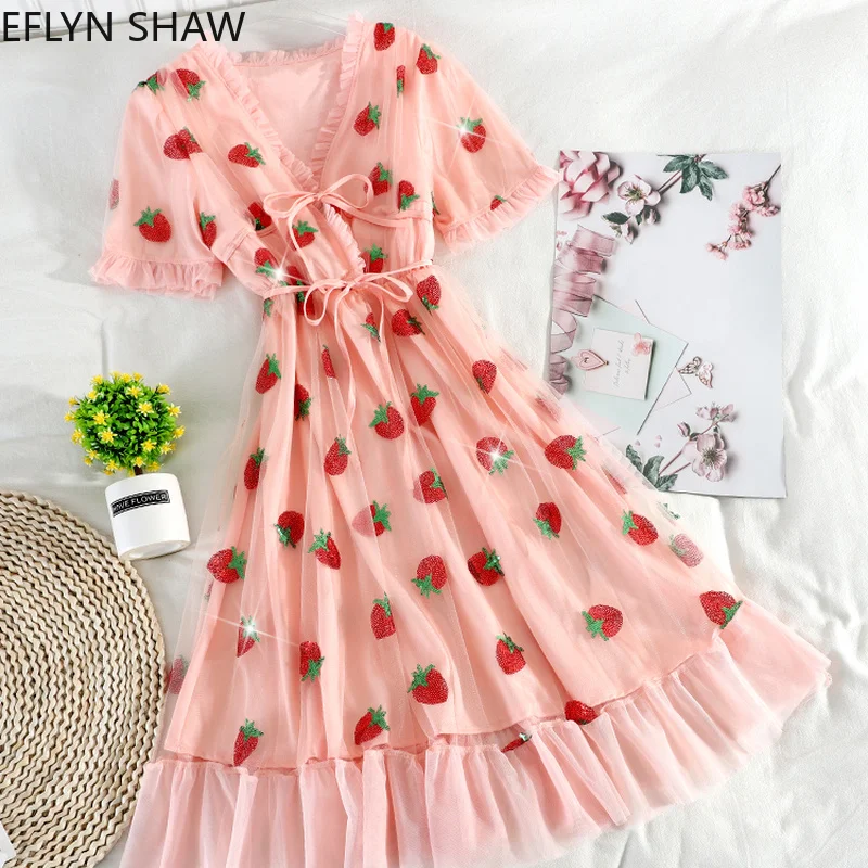 

Платье с блестками в виде клубники, милое темпераментное фатиновое платье с V-образным вырезом и пышными рукавами на завязках, праздничное г...