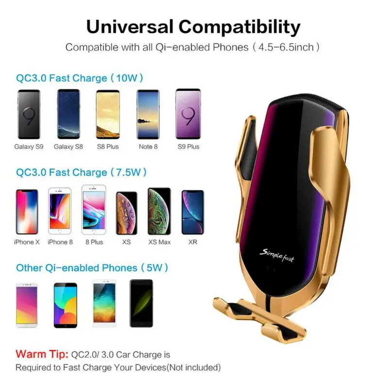 10 Вт беспроводное автомобильное зарядное устройство автоматический зажим для