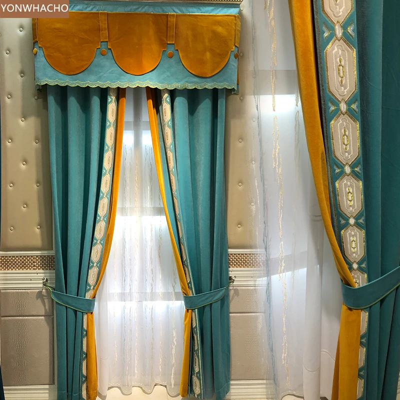 Пользовательские шторы Синий Зеленый бархат вышитые боковые американские