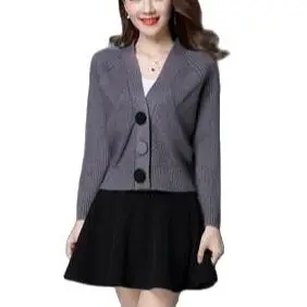 

2021 Spring and autumn sweater female cardigan short design long-sleeve V-neck all-match loose solid color sweater coat