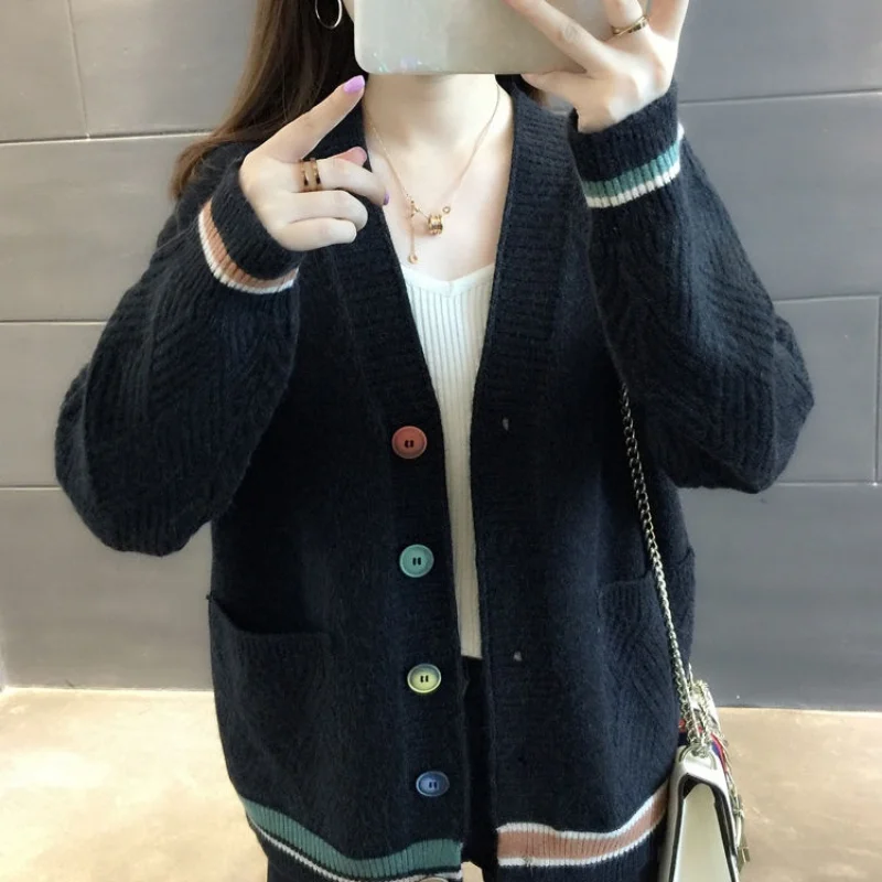 

ZHOUTAYLOR Cardigan Women Fashion V-Neck Office Lady Full Sleeve Female Tops Single Breasted Loose-fitting Femme Sweaters S0313